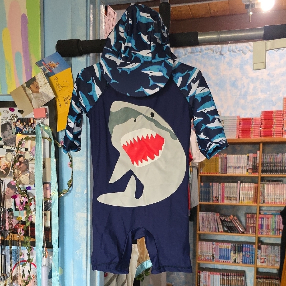 Kids Shark Print Swimsuit with Hood